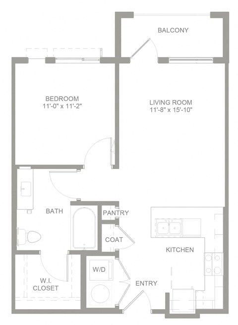 Floor plan for 1 bed, 1 bath, 732 sqft